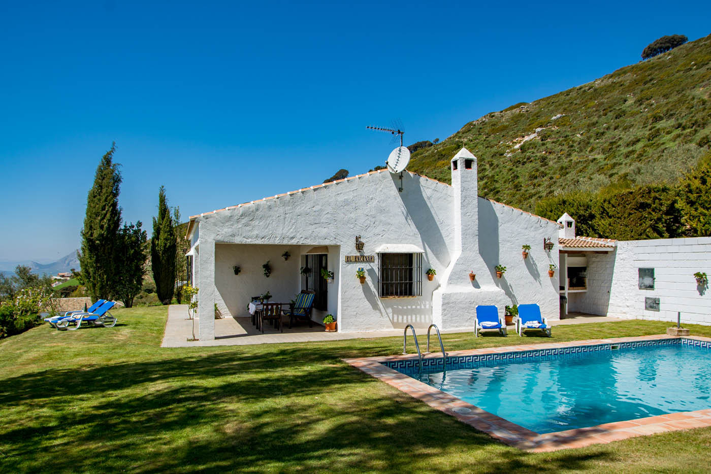 Piscina de buen tamaño y jardín amueblado