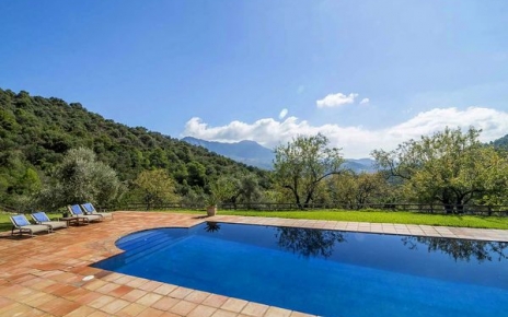 Amplio césped y terrazas alrededor de la piscina