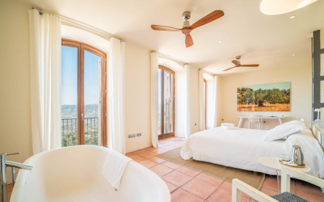 Master bedroom with bathtub and balconies