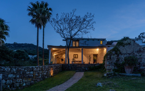 Path from pool area to the house at night time
