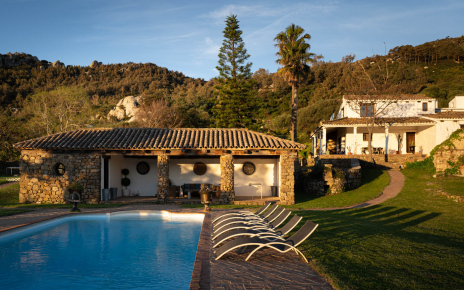 Pool area and villa early in the morning