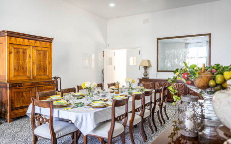 Indoor dining area next to kitchen